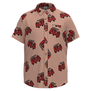 Peach Fire Truck Print Boys Shirt | Kids Cotton Button-Up Shirt | Fun Fire Engine Graphic Shirt | 2198