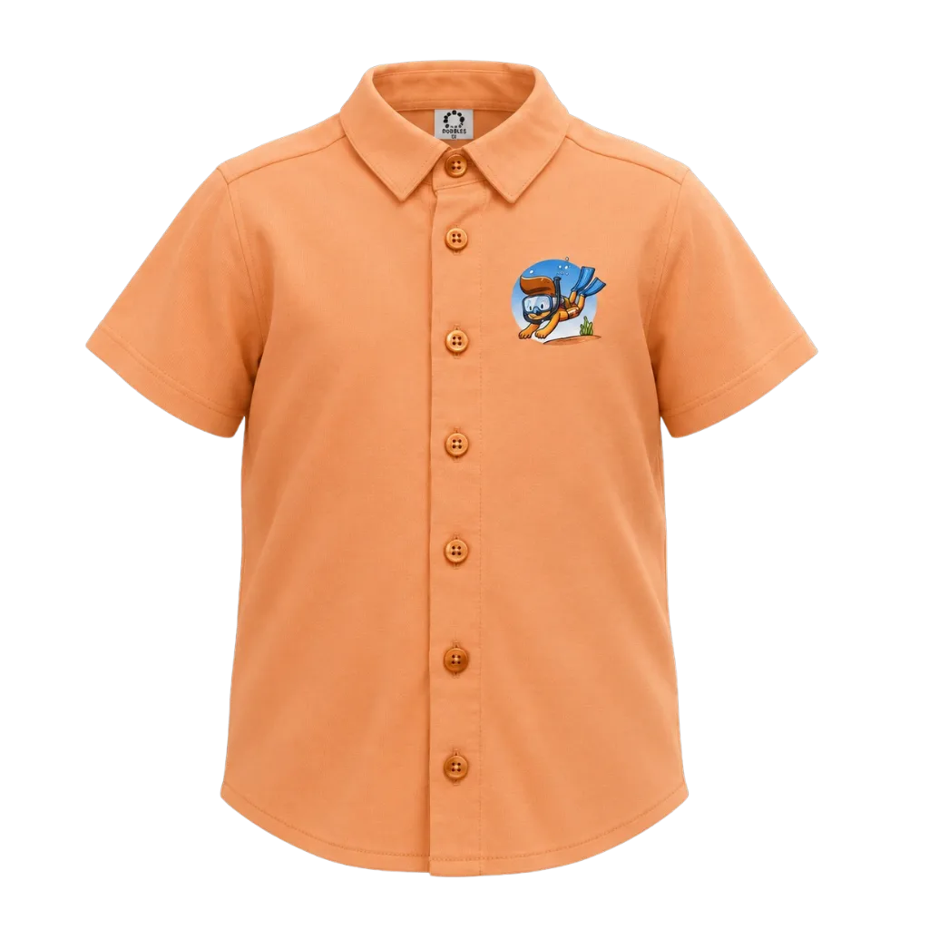 Orange Boys Casual Shirt | Pirate Shark Graphic Short Sleeve Button-Down Shirt | Smart Everyday Wear | 2201