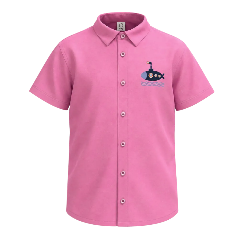 Pink Boys Casual Shirt | Submarine Graphic Short Sleeve Button-Down Shirt | Smart Everyday Wear | 2203