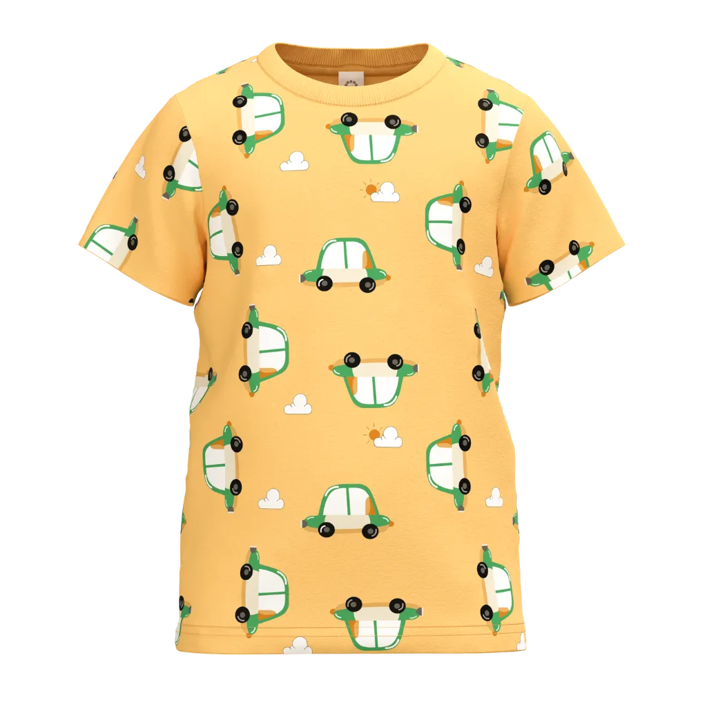 Yellow Boys Printed T-Shirt | All-Over Car Pattern Casual Tee | Soft Cotton Summer Wear | 2204