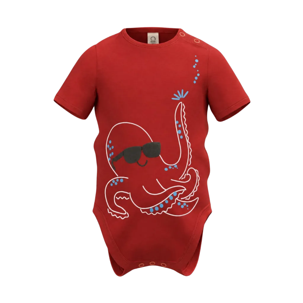Red Boys Graphic Romper | Cool Octopus Print Short Sleeve Baby Bodysuit | Comfortable Everyday Wear | 2215