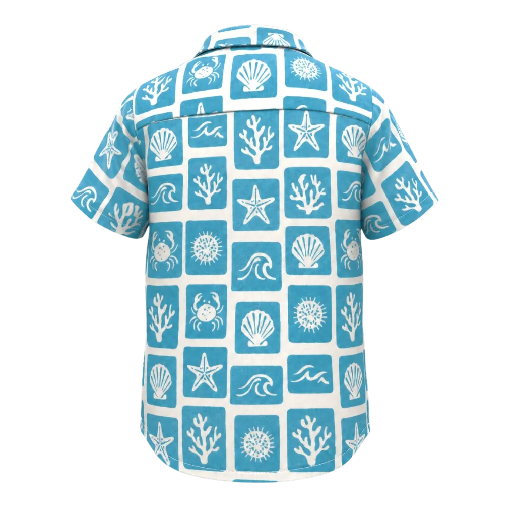 White & Cyan Boys Printed Shirt | Ocean Life Seashell Starfish & Coral Print Short Sleeve Shirt | Smart Casual Wear | 2219