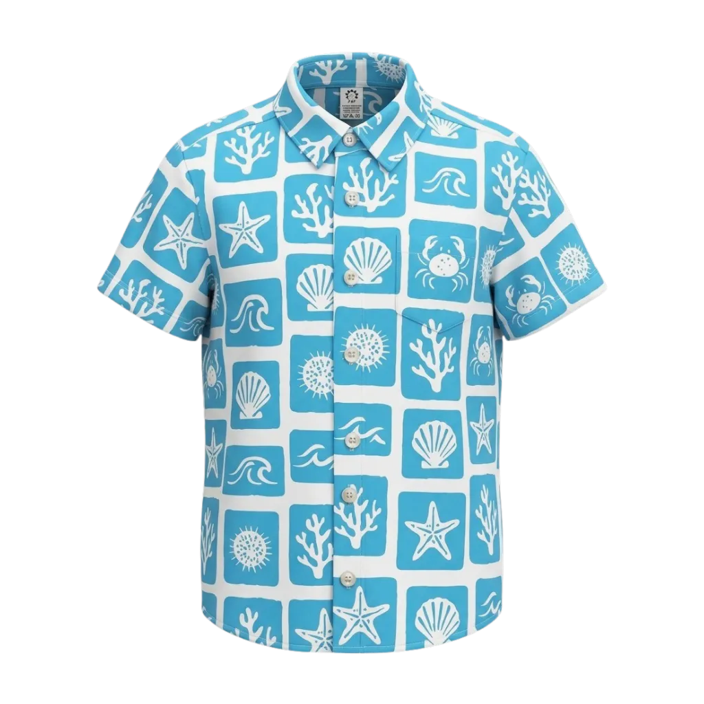 White & Cyan Boys Printed Shirt | Ocean Life Seashell Starfish & Coral Print Short Sleeve Shirt | Smart Casual Wear | 2219