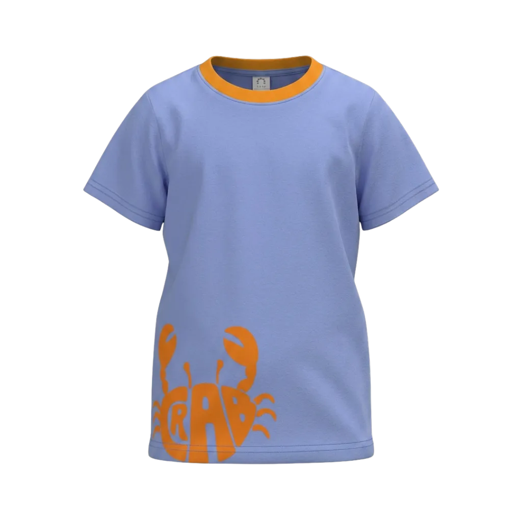 Blue Boys Graphic T-Shirt | Crab Print Contrast Neck Casual Tee | Soft Cotton Half Sleeve Summer T-Shirt | 2220