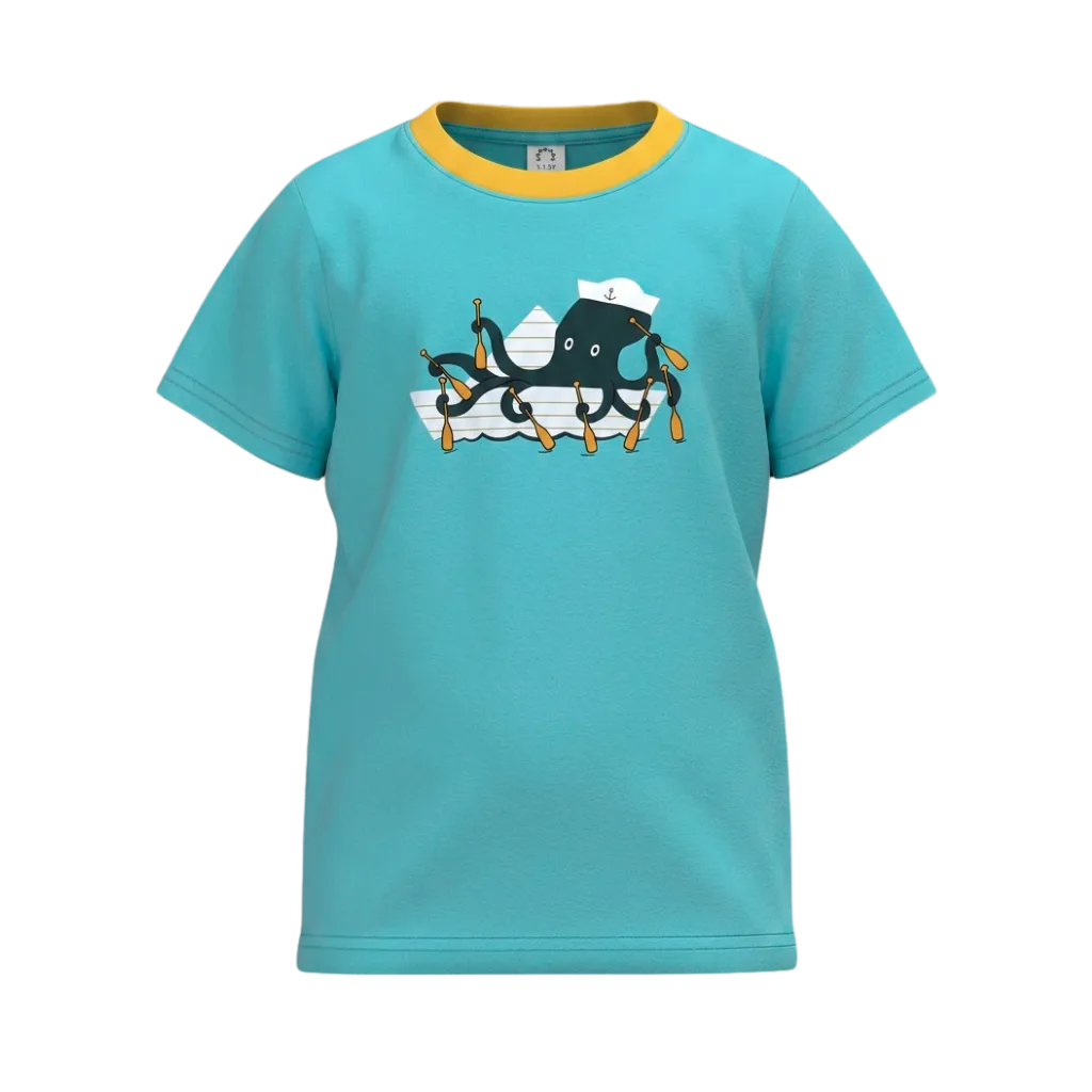 Cyan Boys Graphic T-Shirt | Sailor Octopus Print Contrast Neck Tee | Soft Cotton Half Sleeve Casual T-Shirt | 2221