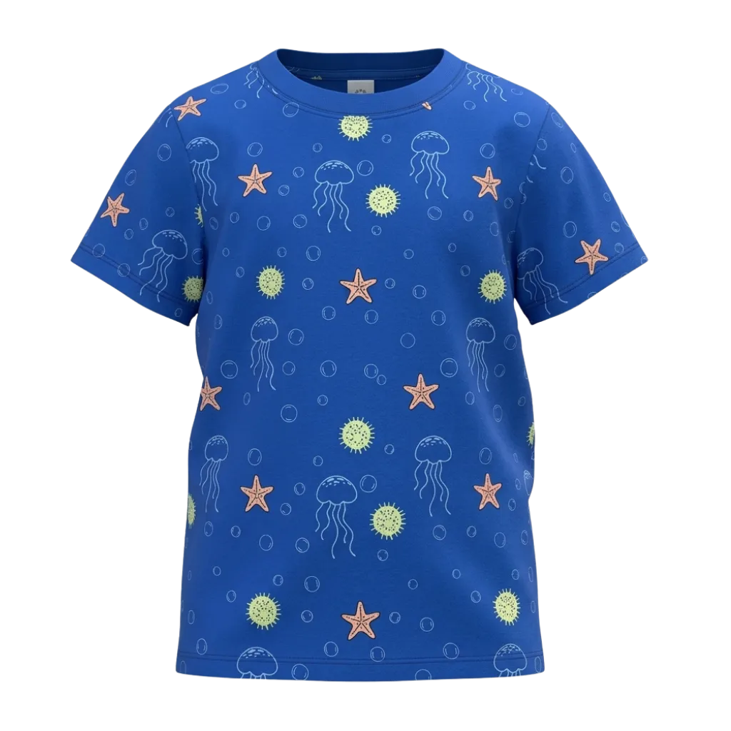Navy Boys Printed T-Shirt | Jellyfish & Starfish Ocean Print Casual Tee | Comfortable Everyday Wear | 2222