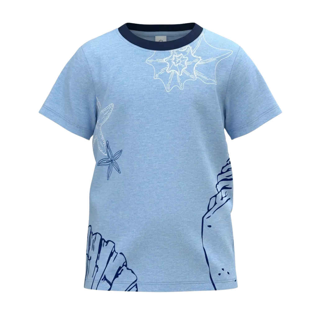 Sky Blue Boys Graphic T-Shirt | Seashell & Starfish Ocean Print Tee | Comfortable Everyday Wear | 2223
