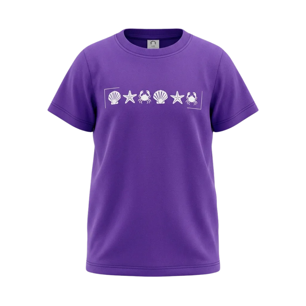 Purple Boys Graphic T-Shirt | Seashell Starfish & Crab Print Casual Tee | Soft Cotton Half Sleeve Summer T-Shirt | 2225