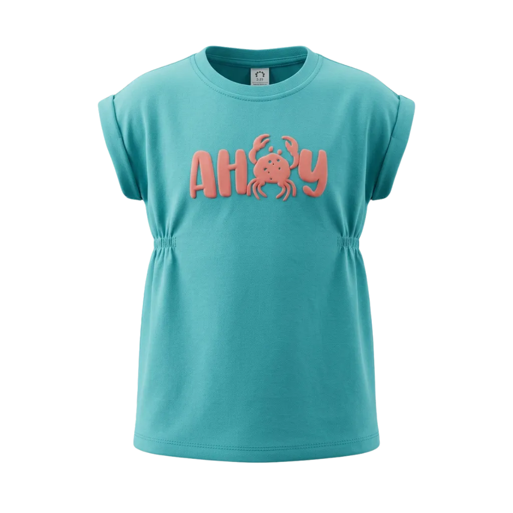Green Girls Graphic T-Shirt | "Ahoy" Crab Print Cinched Waist Tee | Soft Cotton Casual Summer T-Shirt | 2230