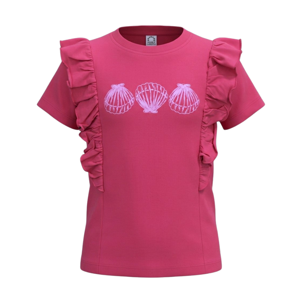 Pink Girls Graphic T-Shirt | Seashell Print Ruffle Detail Tee | Comfortable Everyday Wear | 2231