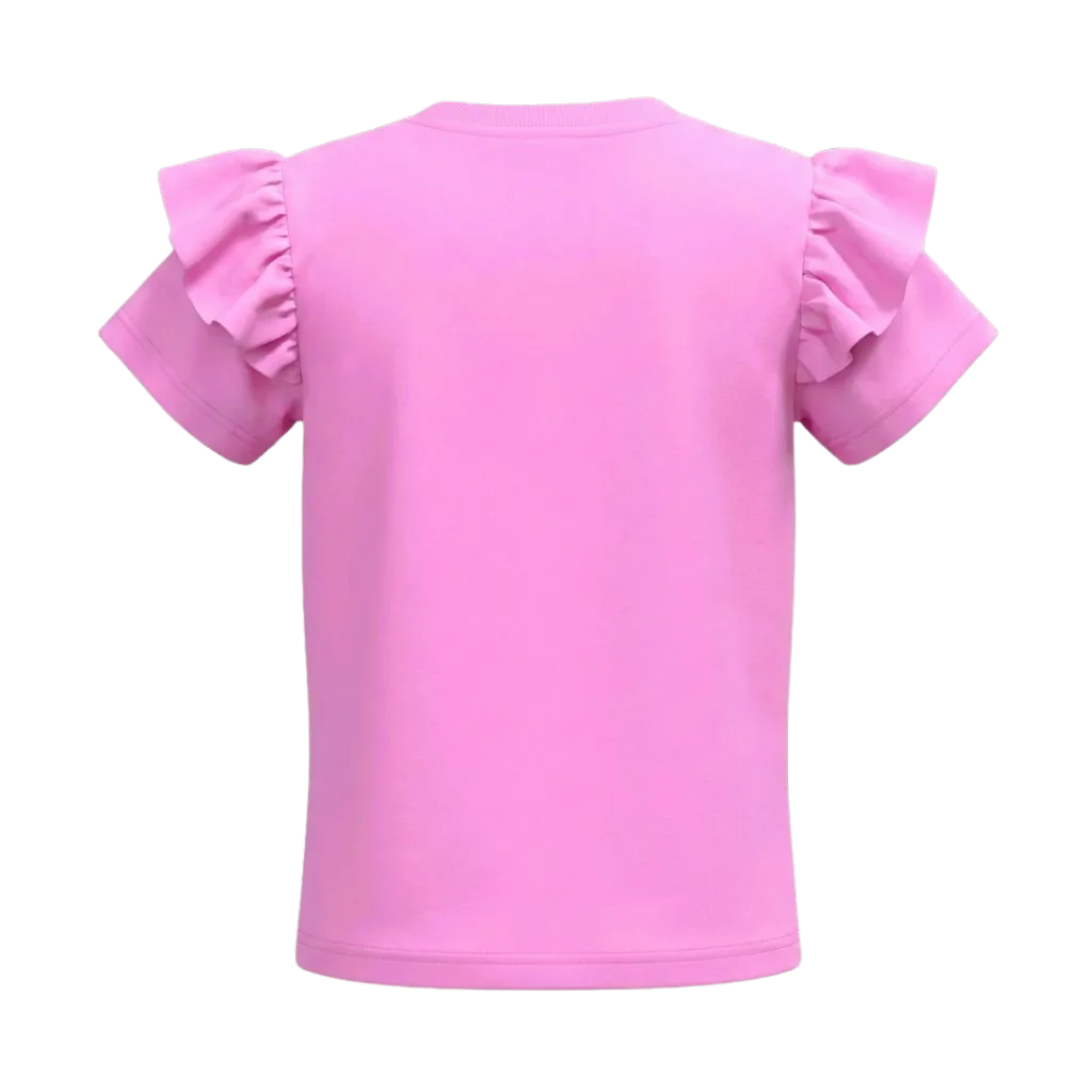 Pink Girls Graphic T-Shirt | Mermaid Print Ruffle Shoulder Tee | Comfortable Everyday Wear | 2234