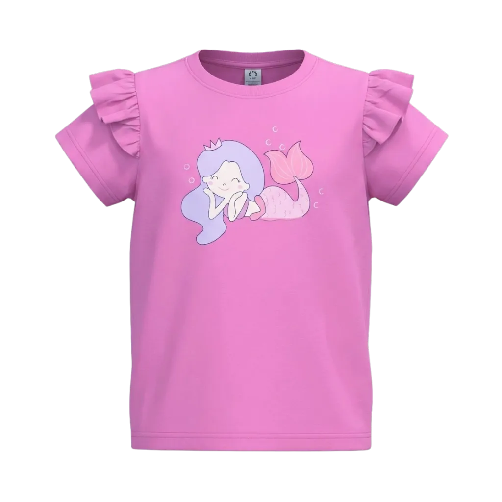 Pink Girls Graphic T-Shirt | Mermaid Print Ruffle Shoulder Tee | Comfortable Everyday Wear | 2234