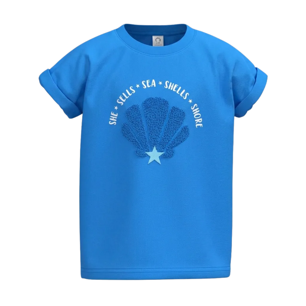 Sky Blue Girls Graphic T-Shirt | Seashell Print Rolled Sleeve Tee | Comfortable Everyday Wear | 2235