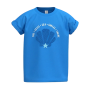Sky Blue Girls Graphic T-Shirt | Seashell Print Rolled Sleeve Tee | Comfortable Everyday Wear | 2235