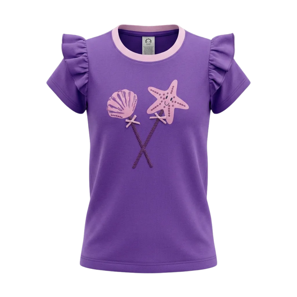 Purple Girls Graphic T-Shirt | Seashell & Starfish Print Ruffle Sleeve Tee | Soft Cotton Casual T-Shirt | 2236