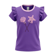 Purple Girls Graphic T-Shirt | Seashell & Starfish Print Ruffle Sleeve Tee | Soft Cotton Casual T-Shirt | 2236