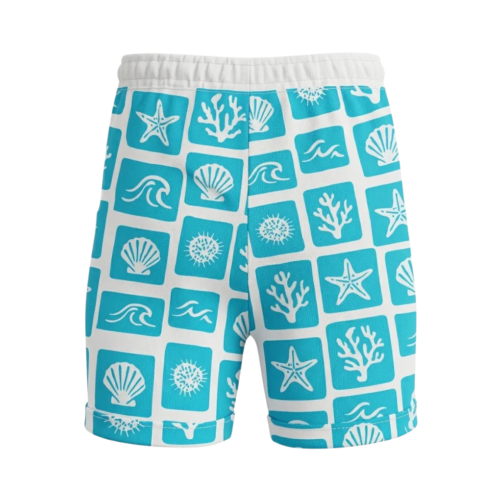 White & Cyan Boys Printed Short Pant | Ocean Life Graphic Drawstring Shorts | Comfortable Summer Wear | 2244