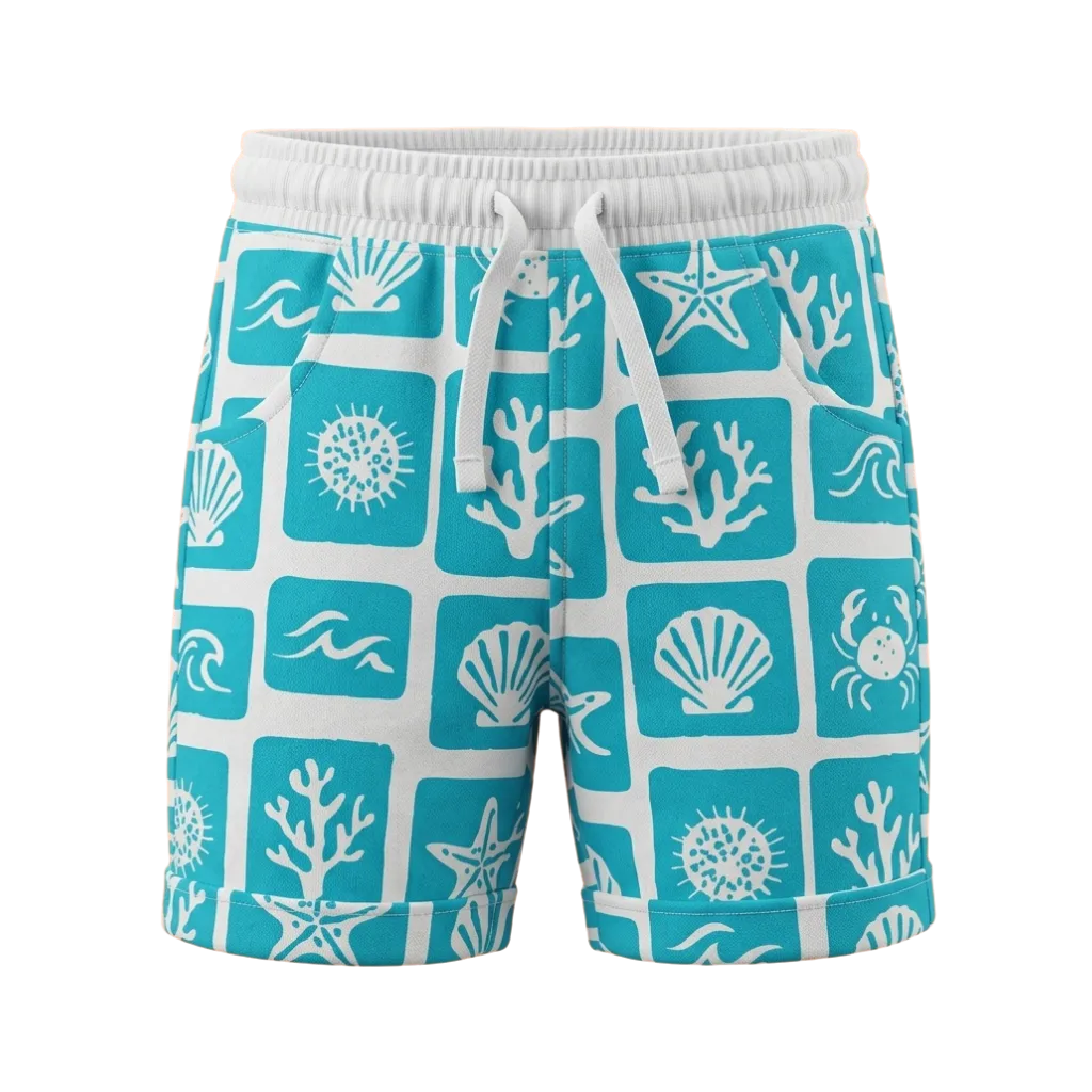 White & Cyan Boys Printed Short Pant | Ocean Life Graphic Drawstring Shorts | Comfortable Summer Wear | 2244