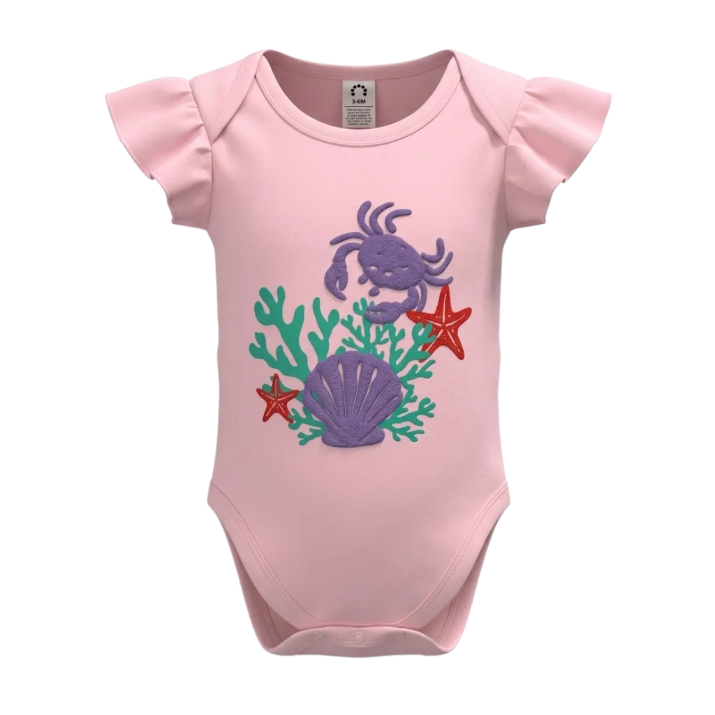 Pink Girls Graphic Romper | Underwater Crab & Seashell Print Ruffle Sleeve Bodysuit | Comfortable Baby Wear | 2248