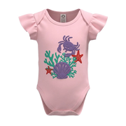 Pink Girls Graphic Romper | Underwater Crab & Seashell Print Ruffle Sleeve Bodysuit | Comfortable Baby Wear | 2248