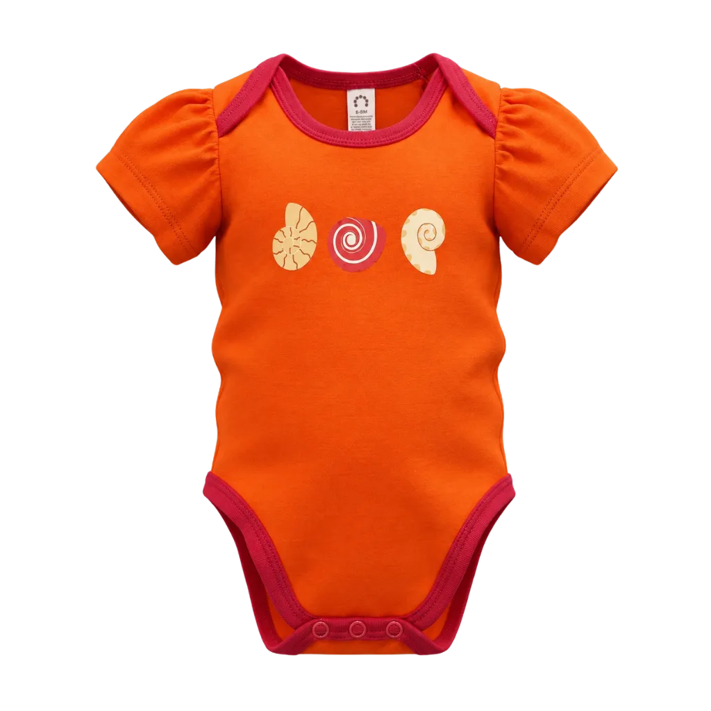 Orange Girls Graphic Romper | Seashell Print Contrast Trim Baby Bodysuit | Comfortable Everyday Wear | 2249