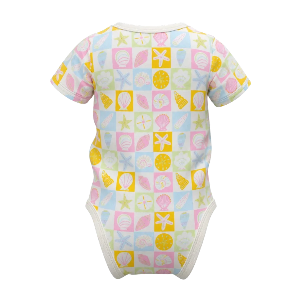 White Girls Printed Romper | Pastel Seashell & Starfish Ocean Print Baby Bodysuit | Comfortable Everyday Wear | 2250