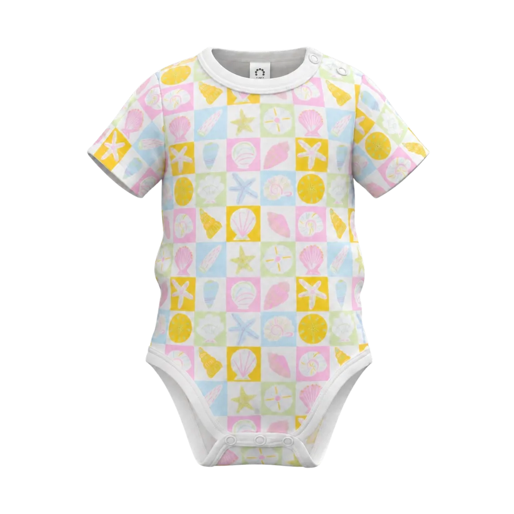 White Girls Printed Romper | Pastel Seashell & Starfish Ocean Print Baby Bodysuit | Comfortable Everyday Wear | 2250