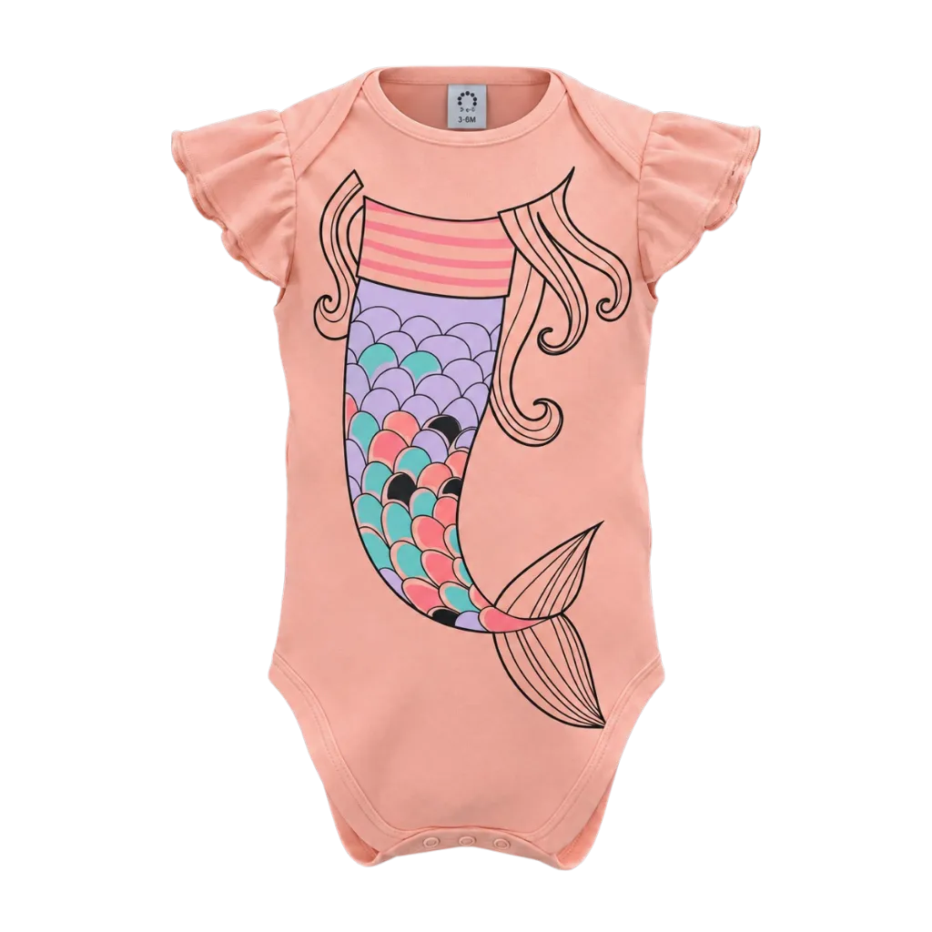 Blush Girls Graphic Romper | Mermaid Print Ruffle Sleeve Baby Bodysuit | Comfortable Everyday Wear | 2251