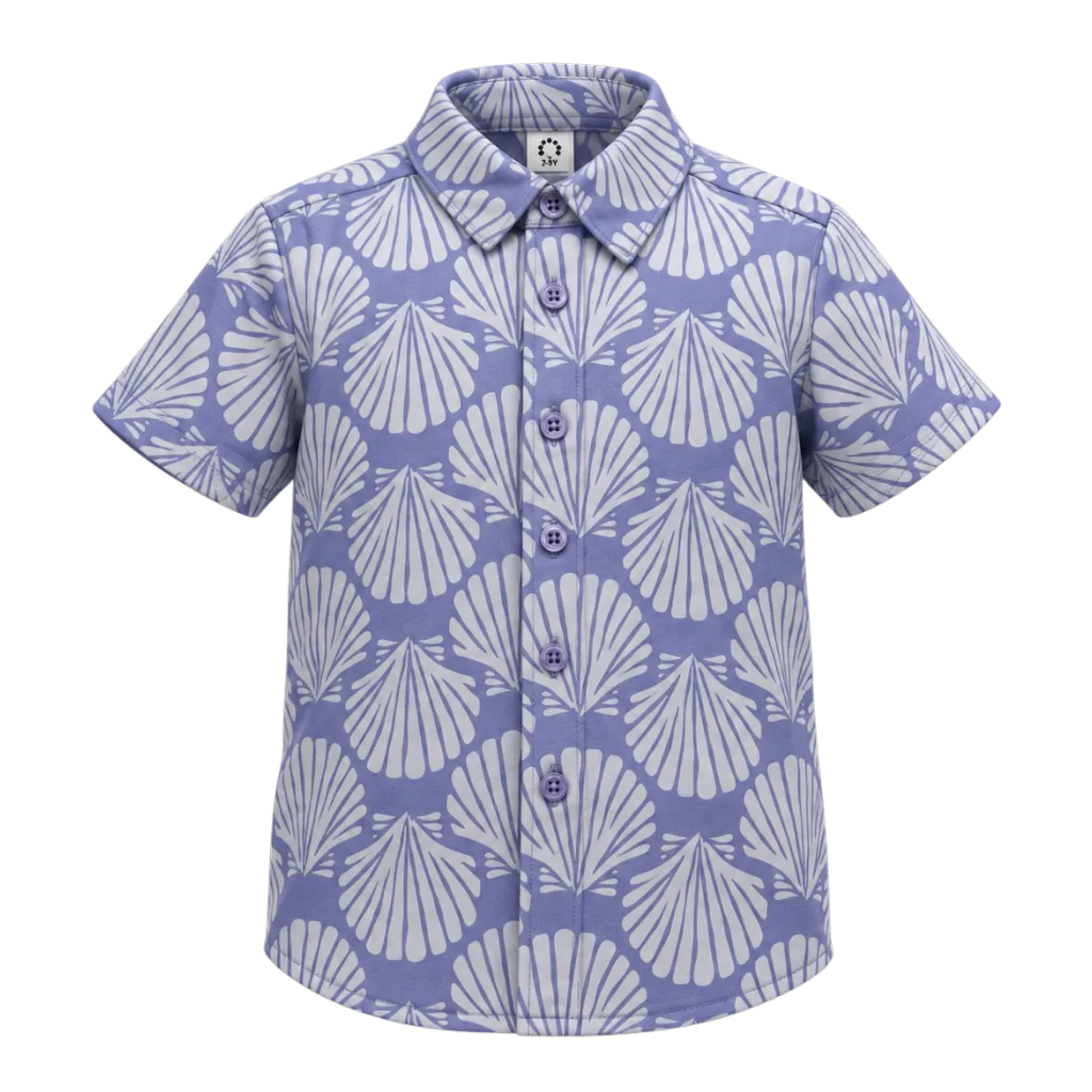 Blue Boys Printed Shirt | All-Over Seashell Print Short Sleeve Button-Down Shirt | Smart Casual Summer Wear | 2257