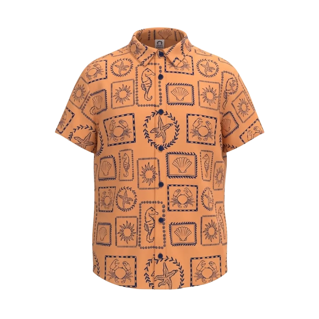 Orange Boys Printed Shirt | Seashell Crab & Starfish Ocean Print Short Sleeve Shirt | Smart Casual Wear | 2258