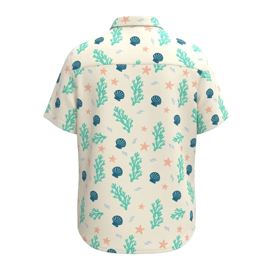Cream Boys Printed Shirt | Seashell Starfish & Coral Print Short Sleeve Shirt | Smart Casual Summer Wear | 2259