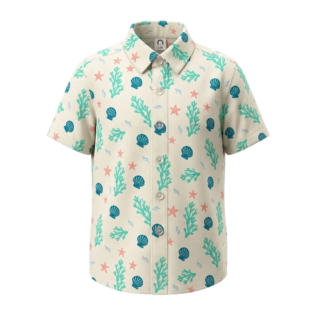 Cream Boys Printed Shirt | Seashell Starfish & Coral Print Short Sleeve Shirt | Smart Casual Summer Wear | 2259
