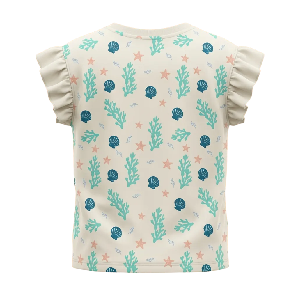 Cream Girls Printed T-Shirt | Seashell Starfish & Coral Print Ruffle Sleeve Tee | Comfortable Everyday Wear | 2262