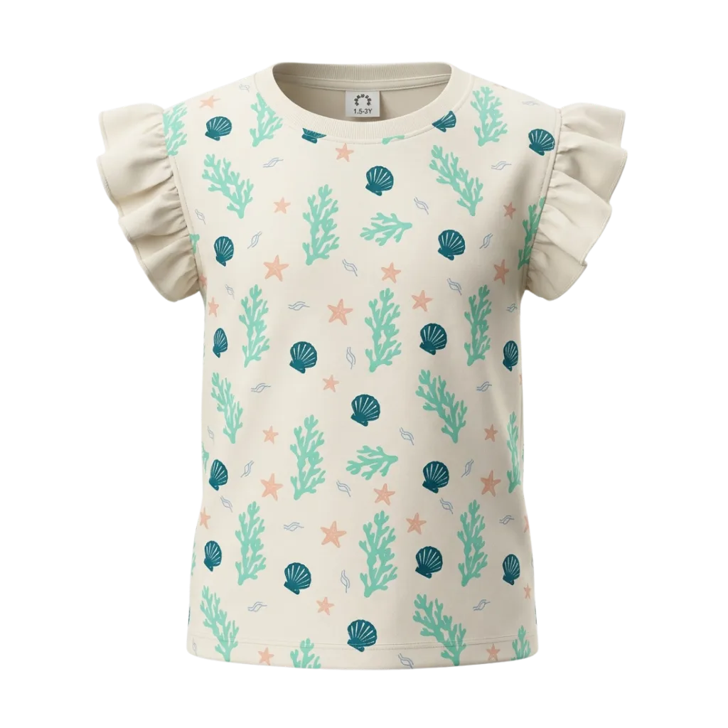 Cream Girls Printed T-Shirt | Seashell Starfish & Coral Print Ruffle Sleeve Tee | Comfortable Everyday Wear | 2262