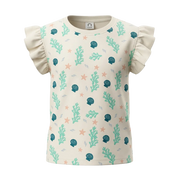 Cream Girls Printed T-Shirt | Seashell Starfish & Coral Print Ruffle Sleeve Tee | Comfortable Everyday Wear | 2262
