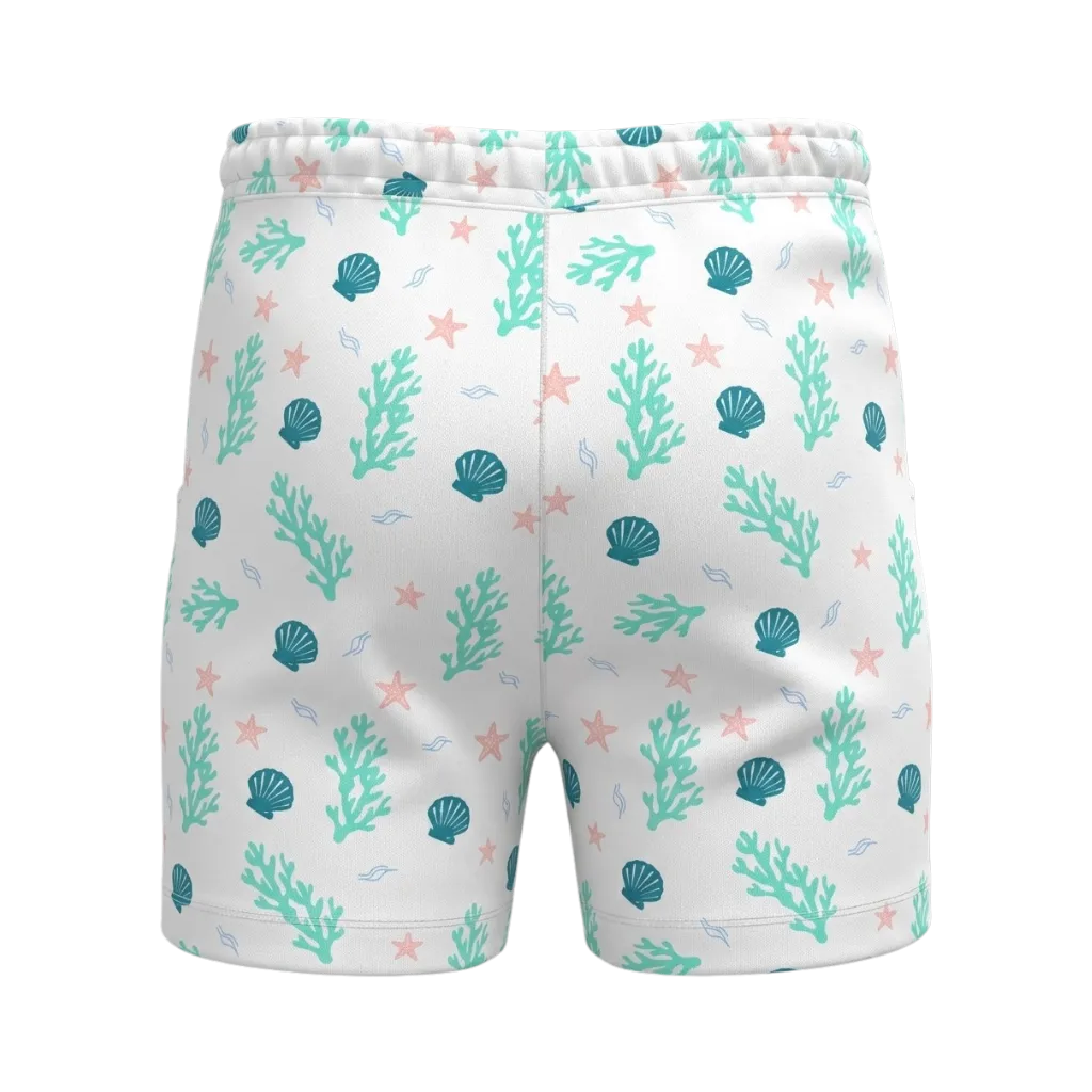 White Girls Printed Short Pant | Seashell Starfish & Coral Print Drawstring Shorts | Comfortable Summer Wear | 2267