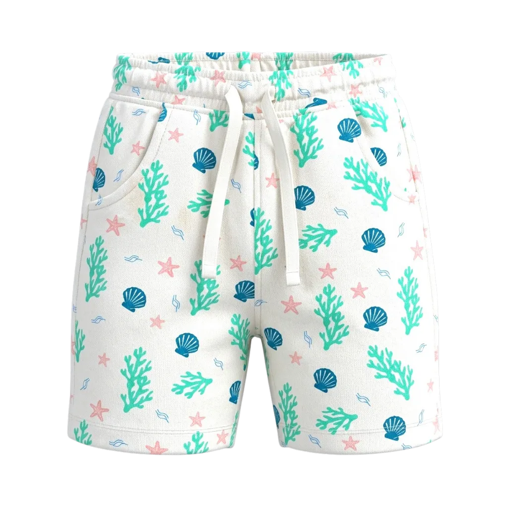 White Girls Printed Short Pant | Seashell Starfish & Coral Print Drawstring Shorts | Comfortable Summer Wear | 2267