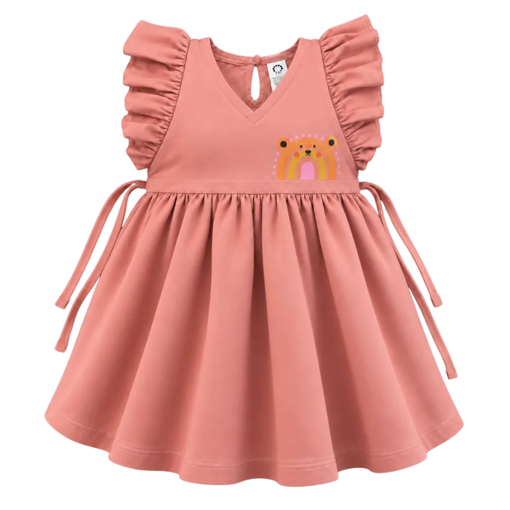 Blush Girls Frock | Cute Bear Rainbow Print Ruffle Sleeve Dress | Comfortable Party & Everyday Wear | 2270