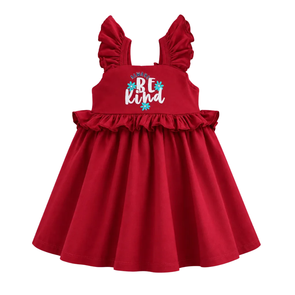 Red Girls Ruffle Frock | “Always Be Kind” Graphic Sleeveless Dress | Comfortable Everyday Wear | 2271