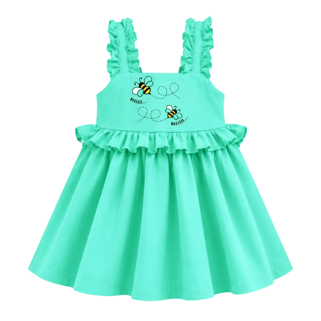 Cyan Girls Ruffle Frock | Cute Bee Print Sleeveless Summer Dress | Comfortable Everyday Wear | 2273