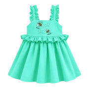 Cyan Girls Ruffle Frock | Cute Bee Print Sleeveless Summer Dress | Comfortable Everyday Wear | 2273