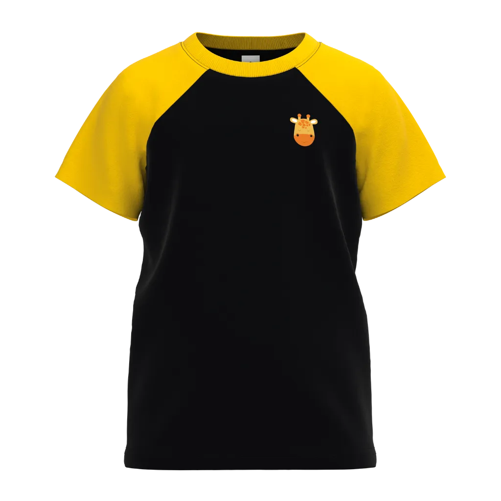Navy & Yellow Boys Raglan T-Shirt | Giraffe Print Casual Kids Tee | Soft Cotton Everyday Wear | 2279