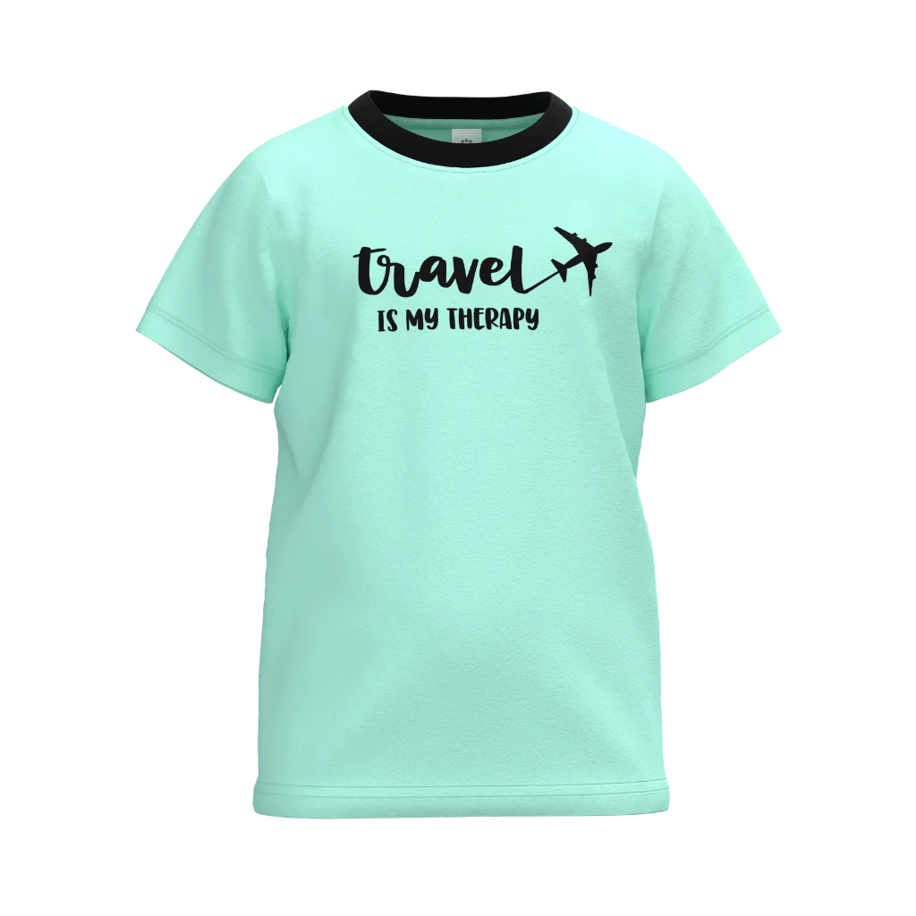 Cyan Boys Travel Graphic T-Shirt | "Travel Is My Therapy" Print Casual Tee | Soft Cotton Half Sleeve Summer T-Shirt | 2280