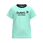 Cyan Boys Travel Graphic T-Shirt | "Travel Is My Therapy" Print Casual Tee | Soft Cotton Half Sleeve Summer T-Shirt | 2280