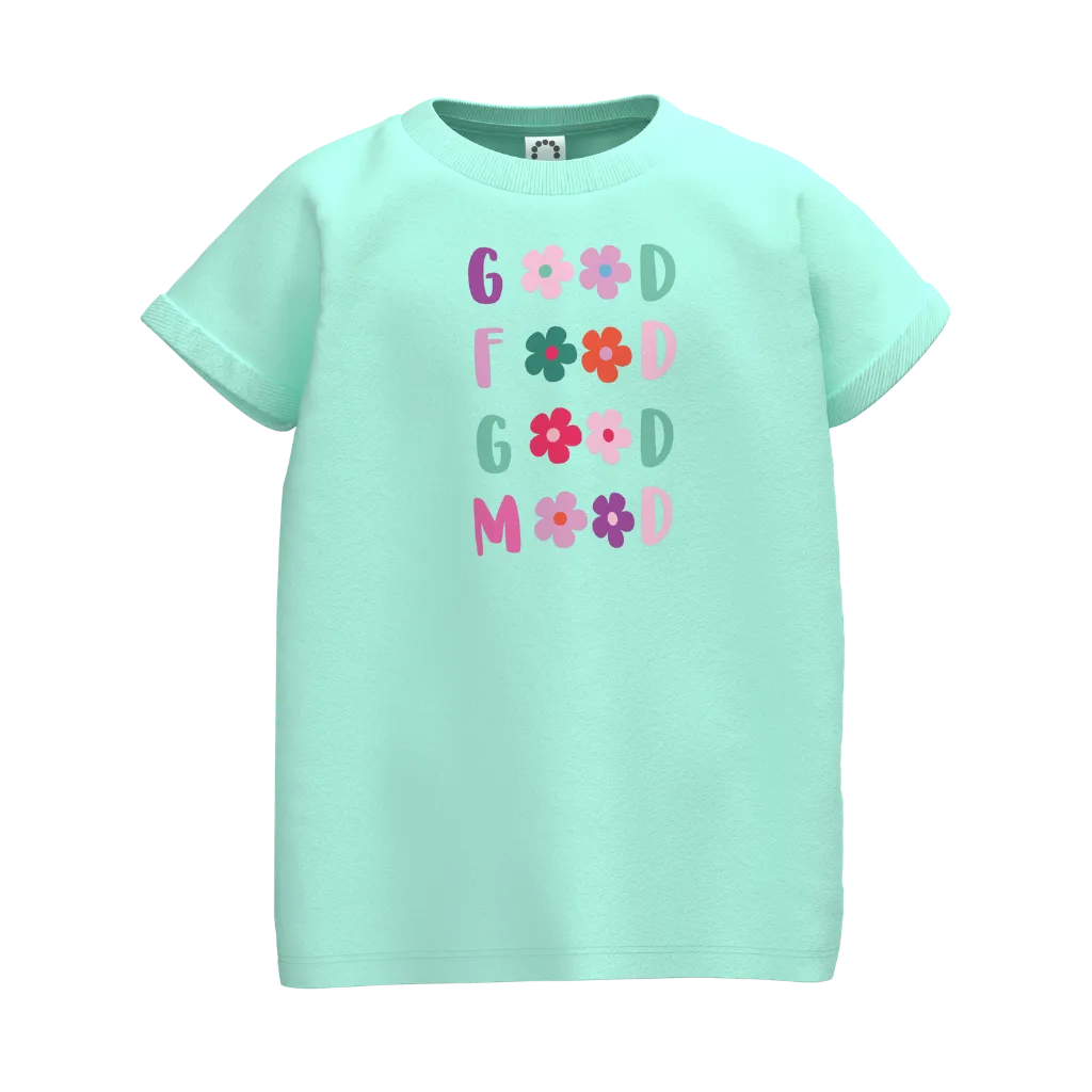 Cyan Girls Floral Graphic T-Shirt | "Good Mood" Print Casual Tee | Soft Cotton Half Sleeve Summer T-Shirt | 2285