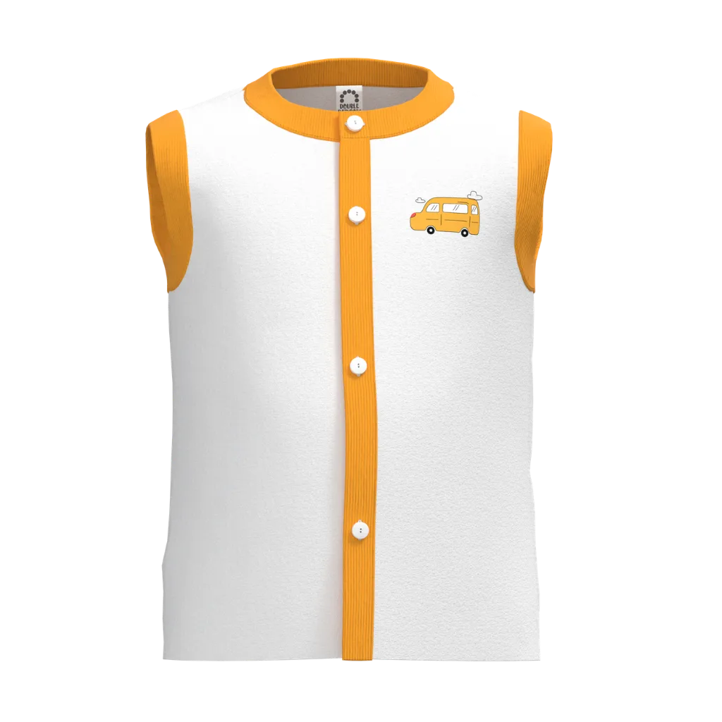 White Unisex Nima | Cute School Bus Print Sleeveless Baby Vest | Soft Cotton Front Button Nima | 2287