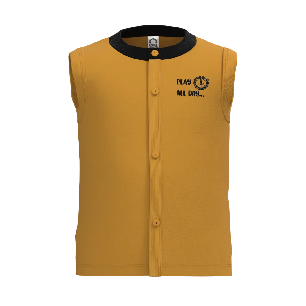 Gold Unisex Nima | "Play All Day" Print Sleeveless Baby Vest | Soft Cotton Front Button Nima | 2288