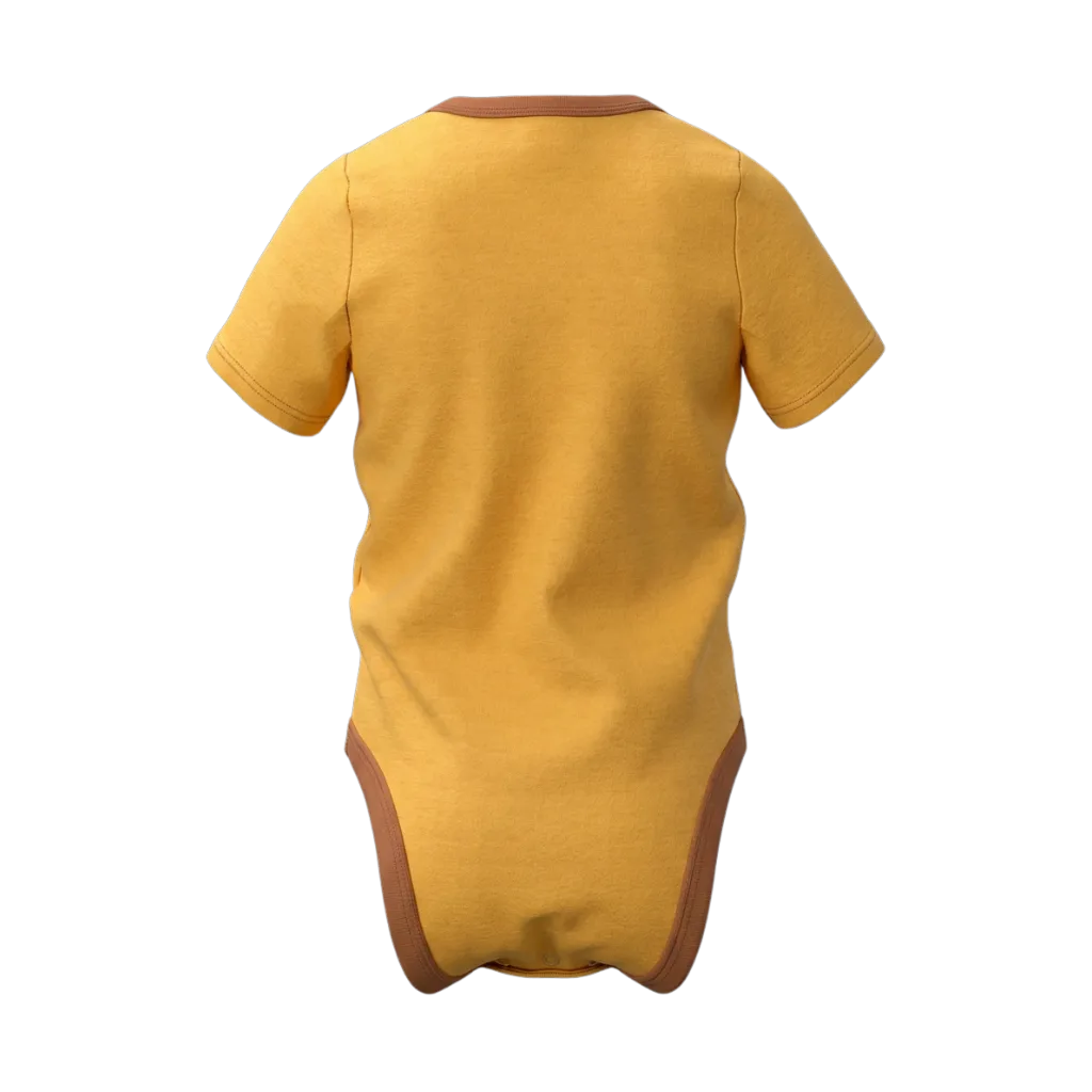 Yellow Unisex Graphic Romper | "Happy" Daisy Print Short Sleeve Bodysuit | Soft Cotton Everyday Baby Romper | 2290