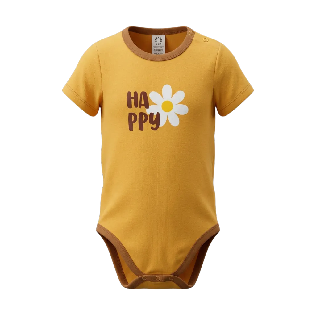 Yellow Unisex Graphic Romper | "Happy" Daisy Print Short Sleeve Bodysuit | Soft Cotton Everyday Baby Romper | 2290