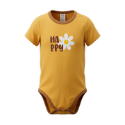 Yellow Unisex Graphic Romper | "Happy" Daisy Print Short Sleeve Bodysuit | Soft Cotton Everyday Baby Romper | 2290